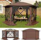 13x13FT 6-Sided Pop Up Gazebo Tent，One-Push Setup Canopy Tent with Removable Canopy Top & Wind Cloths, Outdoor shelter for Camping, Backyard Parties, Outdoor Events - Beige & Khaki