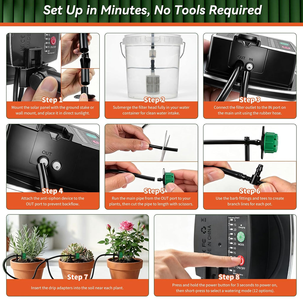 49.21ft solar drip irrigation system kit, automatic watering on a desk or shelf