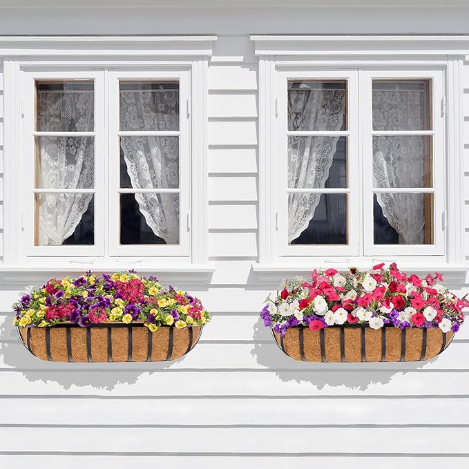 Y&M 4pcs 24 Inch Window Deck with Coco Liner, 24" Window Boxes Horse Trough with Coconut Coir Liner, Black Metal Hanging Flower Planter Window Basket Deck Railing Planter Boxes for Outdoor Indoor