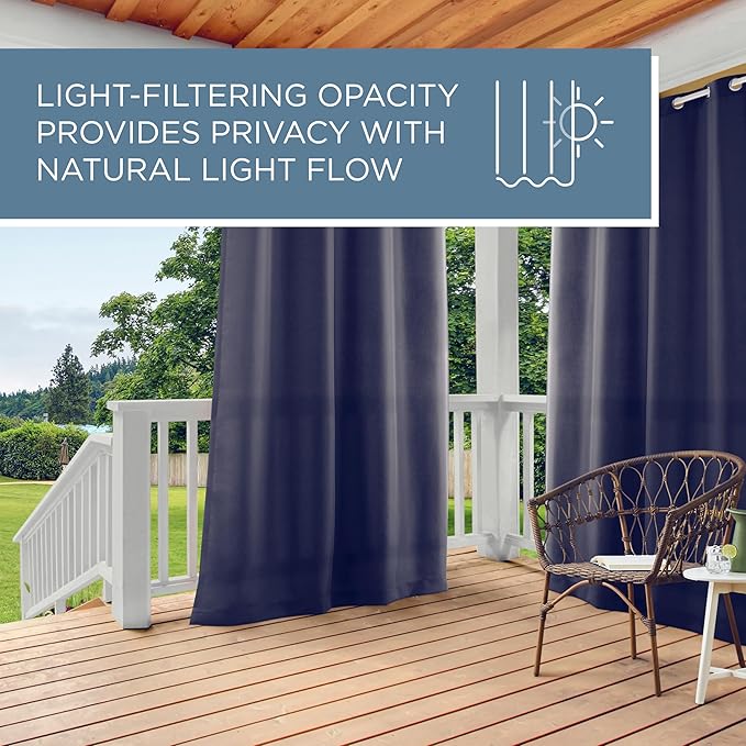 TOWN & COUNTRY BASICS Cabana Solid Heavyweight Indoor Outdoor Curtains, Light Filtering Opacity with Grommet Top, Water Repellent, 2-Pack Set, 54"x96", Dark Navy
