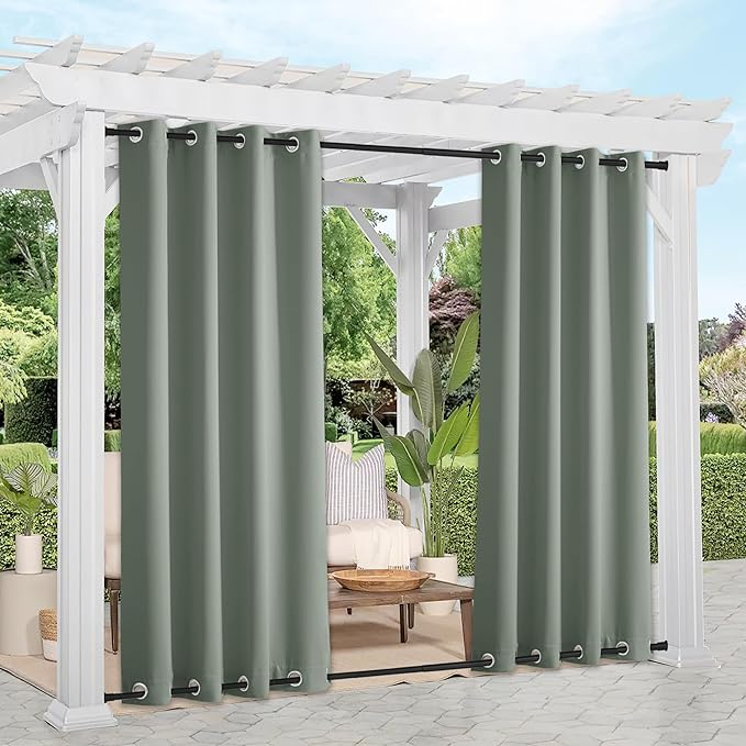 NICETOWN Outdoor Curtains for Patio Waterproof & Windproof 2 Panels, Rustproof Top and Bottom Grommet Heat & Cold Block Blackout Thermal Outdoor Drapes for Garden, W52 x L95, Sage Green