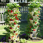 Strawberry Planters, 3 Tiered Vertical Stackable Planter, Herb Stacking Tower Garden, Flower Vegetable Planters with Support Pole, Indoor & Outdoor with Removable Wheels - Dark Grey