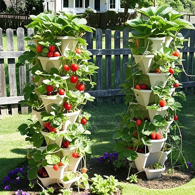 Strawberry Planters, 3 Tiered Vertical Stackable Planter, Herb Stacking Tower Garden, Flower Vegetable Planters with Support Pole, Indoor & Outdoor with Removable Wheels - Dark Grey