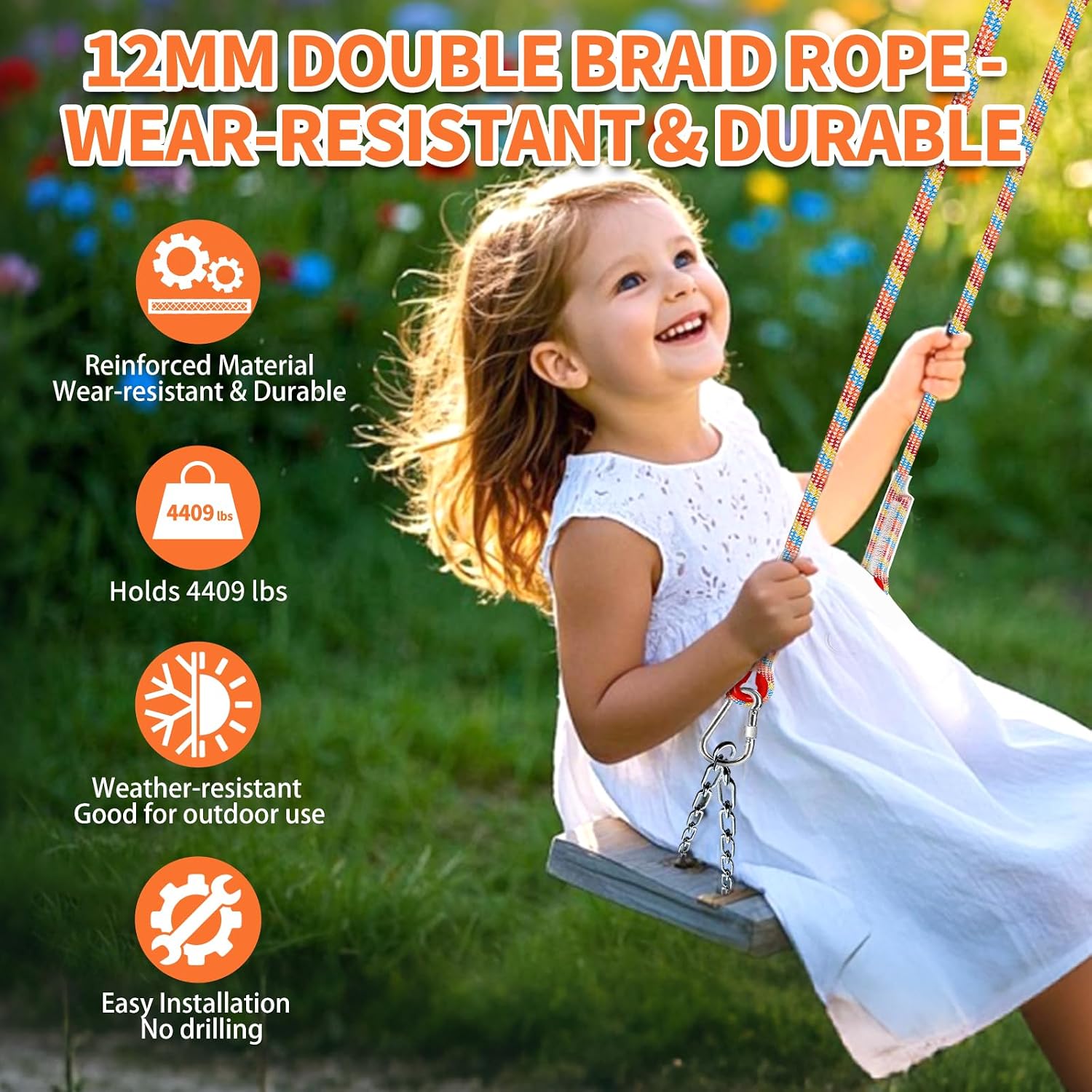 Tree Swing Ropes (Set of 2), 3FT/5FT/10FT/15FT/20FT, Tree Swing Straps Hanging Kit Holds 4400 lbs, Heavy Duty Carabiners for All Swing Hammock Playground Set Accessories (5 FT)