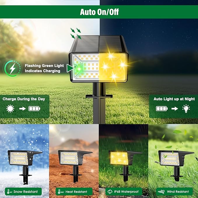 Solar Spot Lights Outdoor with 60 LED & Auto On/Off, 2 Pack Solar Lights Outdoor Waterproof IP68 with 3 Lighting Modes, 2-in-1 Solars Landscape Light for Outside, Garden, Yard(Warm White)