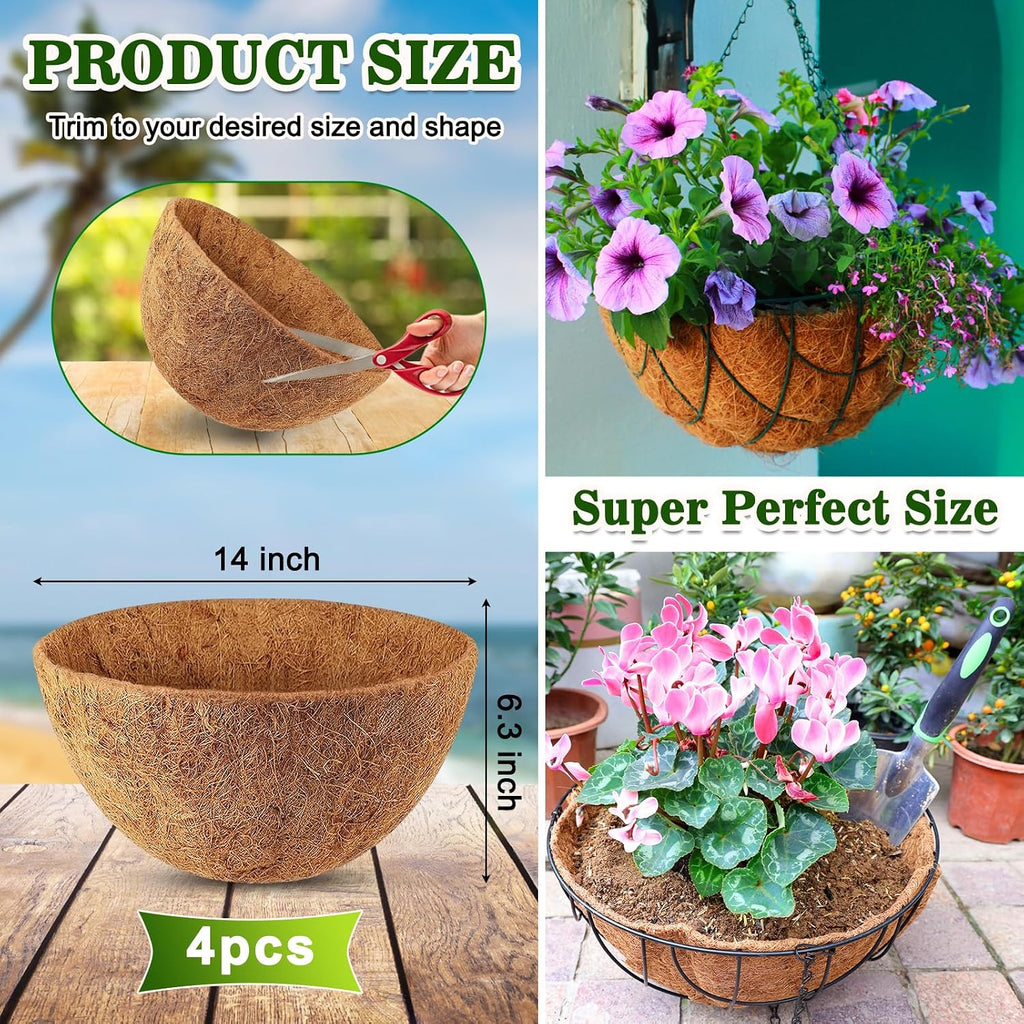 REMIAWY Hanging Baskets Coco Liners, 4 Pack 14 Inch Natural Coconut Fiber Liner Replacement for Planters, Round Hanging Basket Inserts for Flowers Vegetables Herbs, Garden Pots Indoor Outdoor