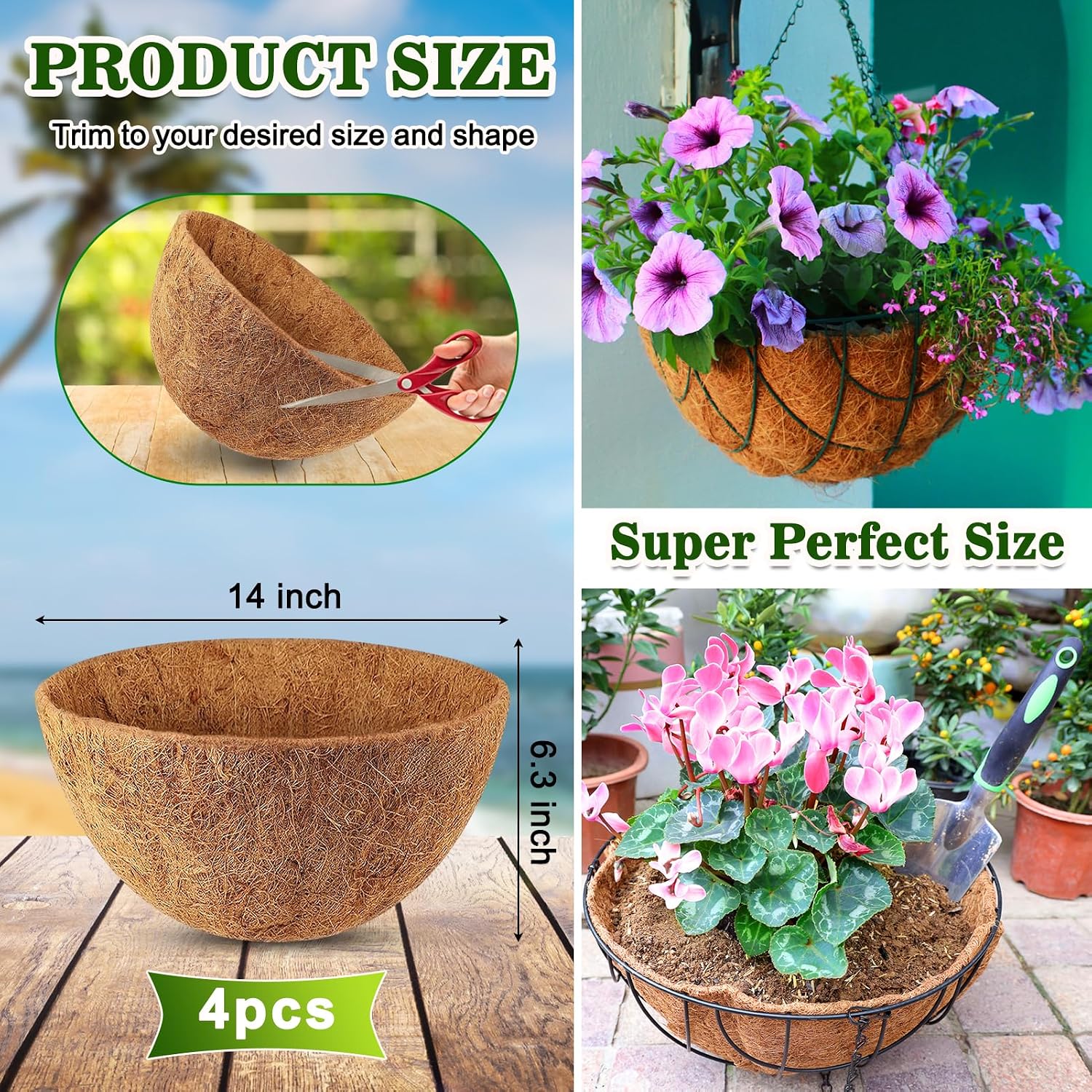 REMIAWY Hanging Baskets Coco Liners, 4 Pack 14 Inch Natural Coconut Fiber Liner Replacement for Planters, Round Hanging Basket Inserts for Flowers Vegetables Herbs, Garden Pots Indoor Outdoor