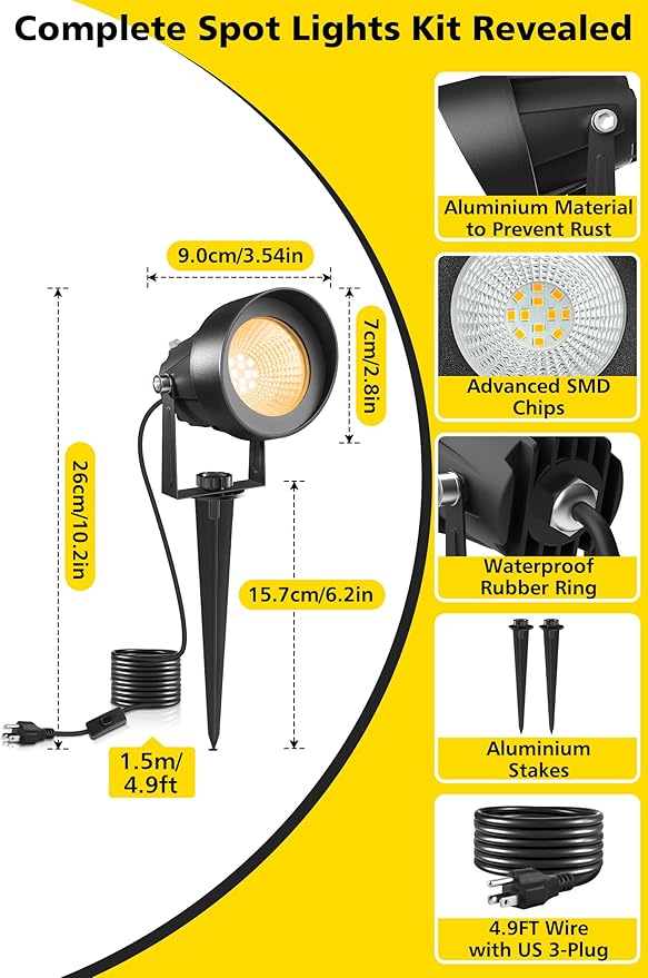 T-SUN Dusk to Dawn Outdoor Lighting, Flag Spot Lights with Photocell Auto On/Off, Waterproof 3000K Warm White LED Plug-in Landscape Spotlights for Garden Yard Tree Pathway Pole House