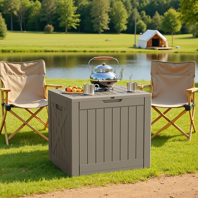 Patiowell 43 Gallon Resin Deck Box, Outdoor Storage Box for Patio Furniture, Deliveries, Pool Supplies,Waterproof and Lockable (Light-Brown)