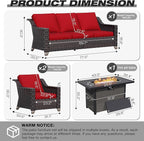 Joyside Wicker Patio Furniture Sets, 4 Pieces Upgraded Large Size Outdoor Furniture with Patio Dining Chair, 3-Seat Sofa, Fire Table,Thick Cushions, Wide Armrest, Red
