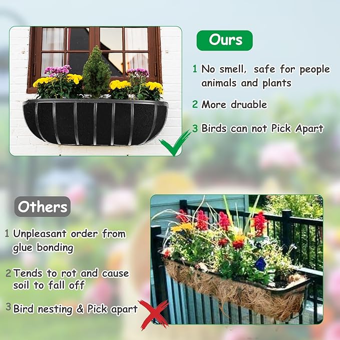 3PCS 30 Inch Planter Basket Liners Fabric Window Box Liners Felt Trough Planter Liner Replacement Black Flower Basket Liner Non-Woven Hanging Plant Liner for Planters Garden Fence - Avoid Bird Nesting