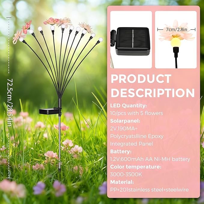 Solar Garden Lights, Warm White LED Swaying Solar Flowers Light for Outside, Waterproof Garden Decor, Outdoor Decorative Lights Yard, Patio, Pathway Decoration Gardening Gifts (8 Pack)