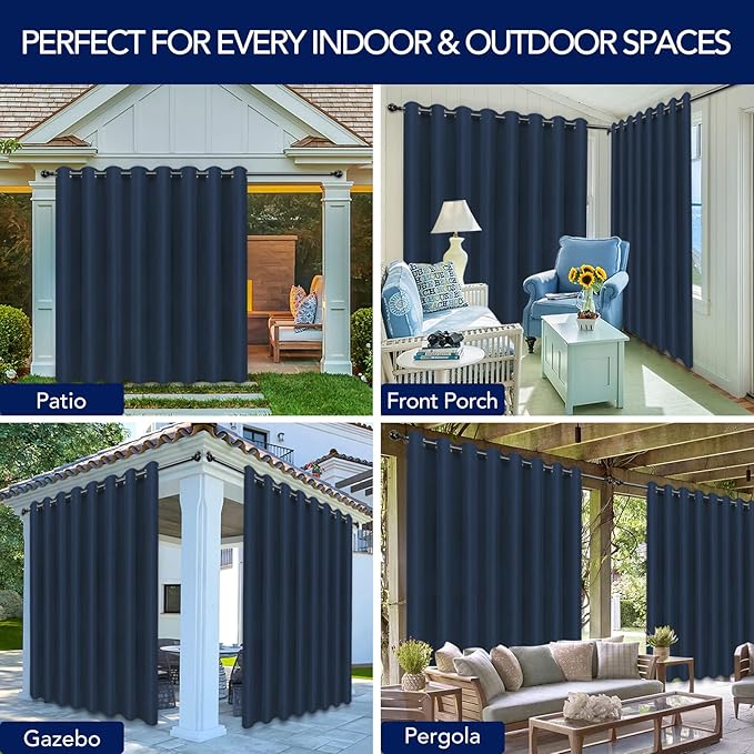 PureFit Outdoor Curtains for Patio Waterproof Weatherproof, UV Resistant Outside Curtains for Gazebo, Front Porch, Pergola, Sun Blocking Privacy Curtain, 120W x 95L inch, 1 Panel, Navy Blue