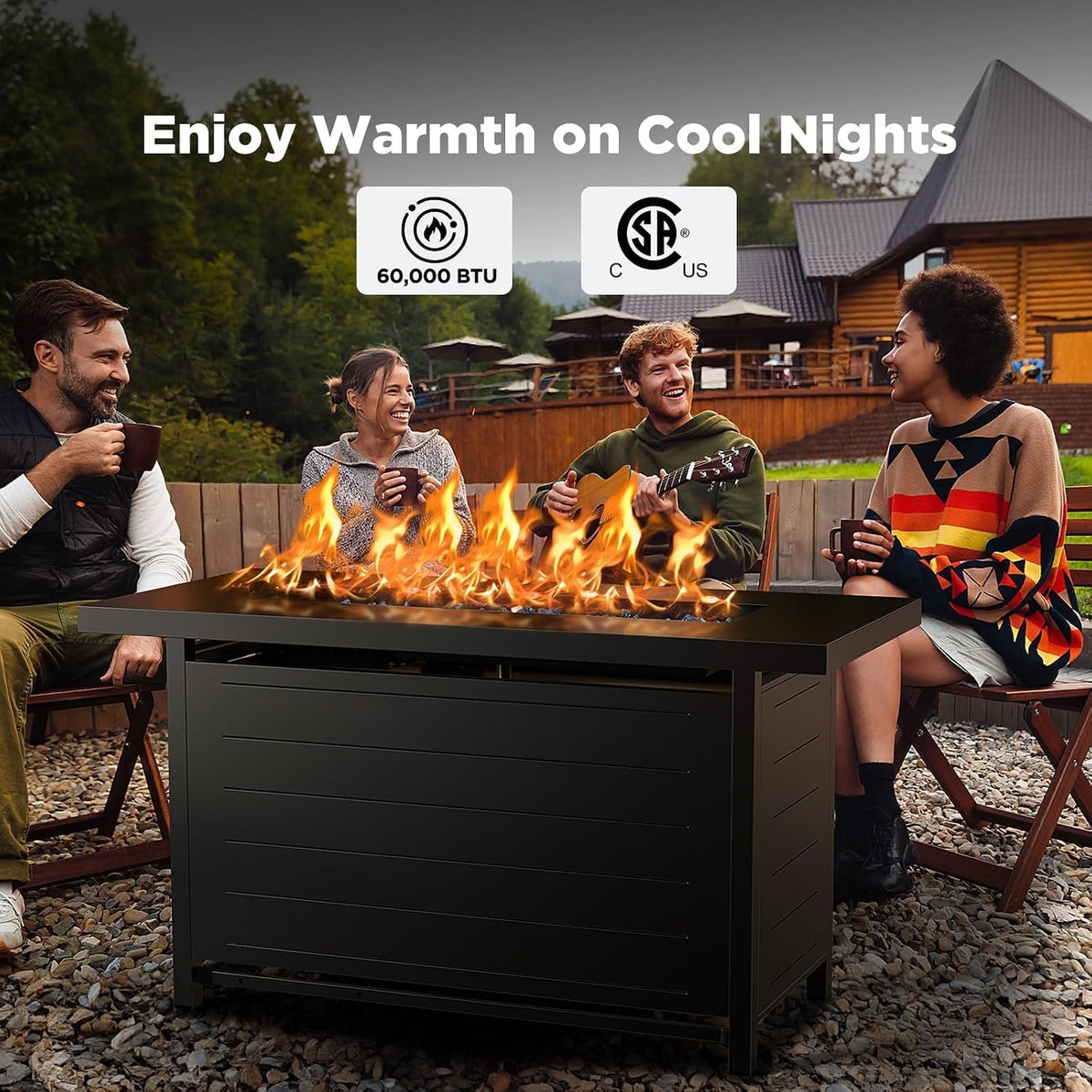 ciays 43″ fire pit table with glass beads shown in use