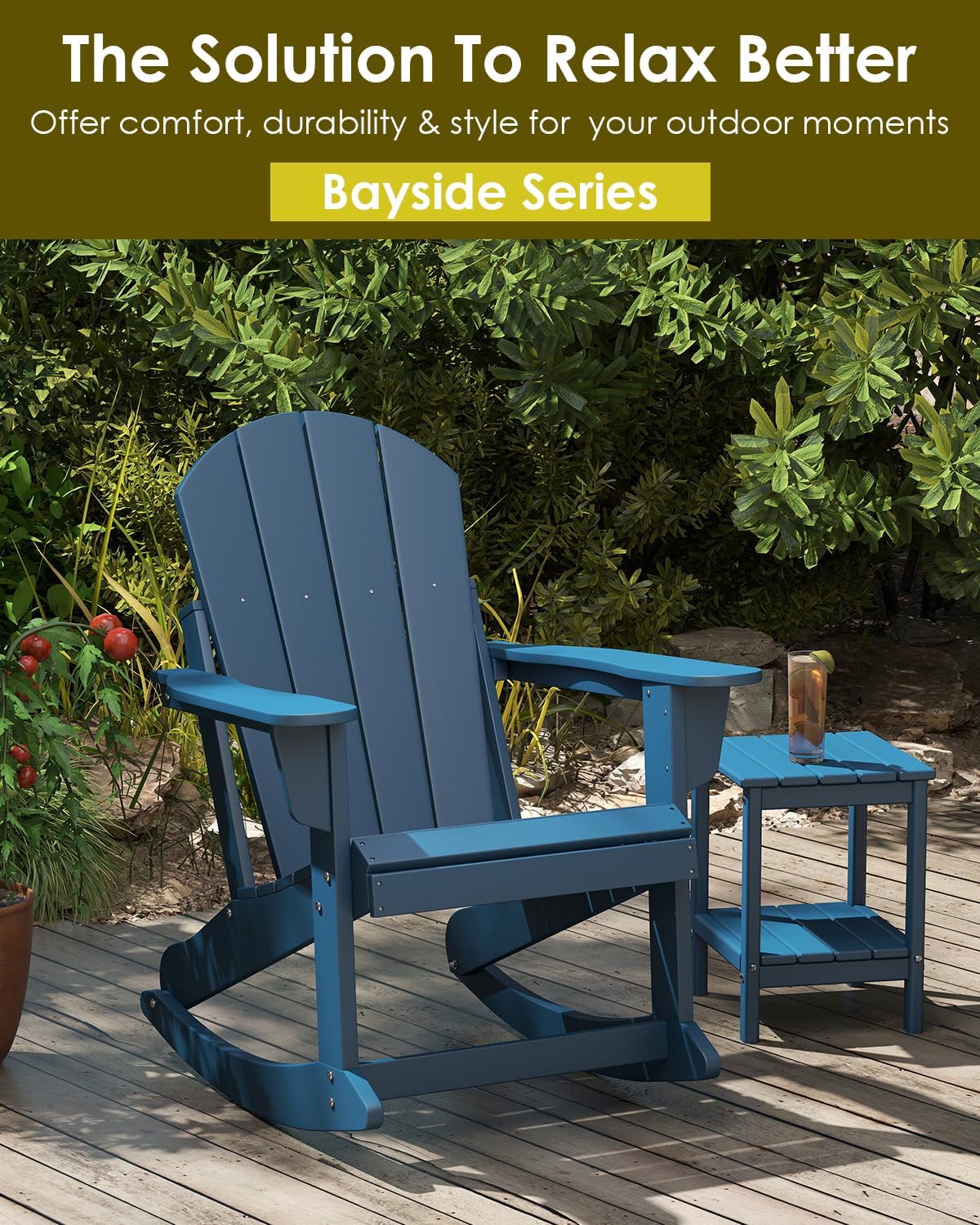 GREENVINES Adirondack Rocking Chairs Set of 2, HDPE Outdoor Rockers, Blue | Heavy Duty Thickened Legs | 5’’ Wide Armrests | All Weather | Porch Rocker Chair | Low Maintenance for Patio Deck Fire Pit