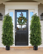 5ft artificial cedar topiary trees, outdoor artificial plants shown in use
