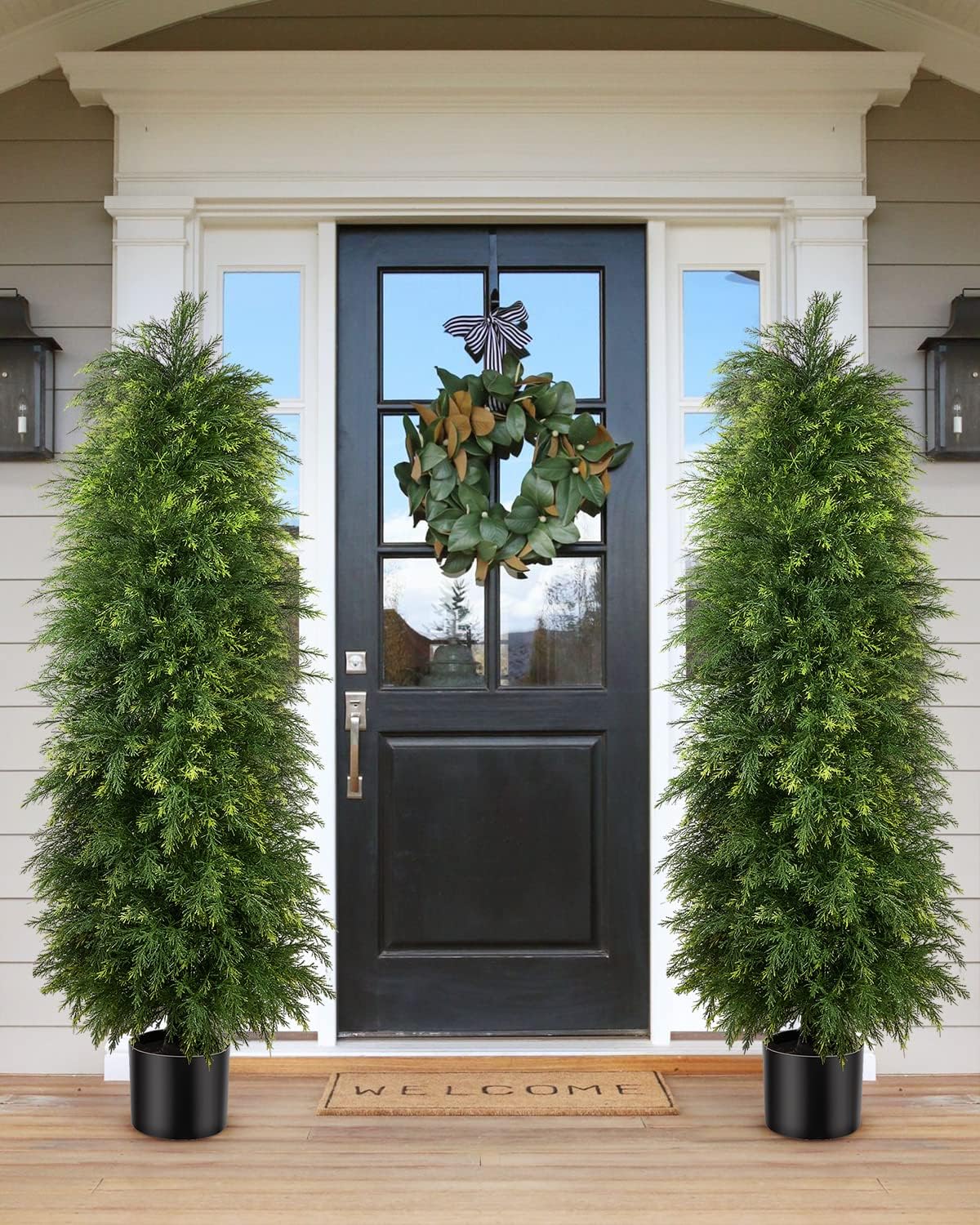 5ft artificial cedar topiary trees, outdoor artificial plants shown in use