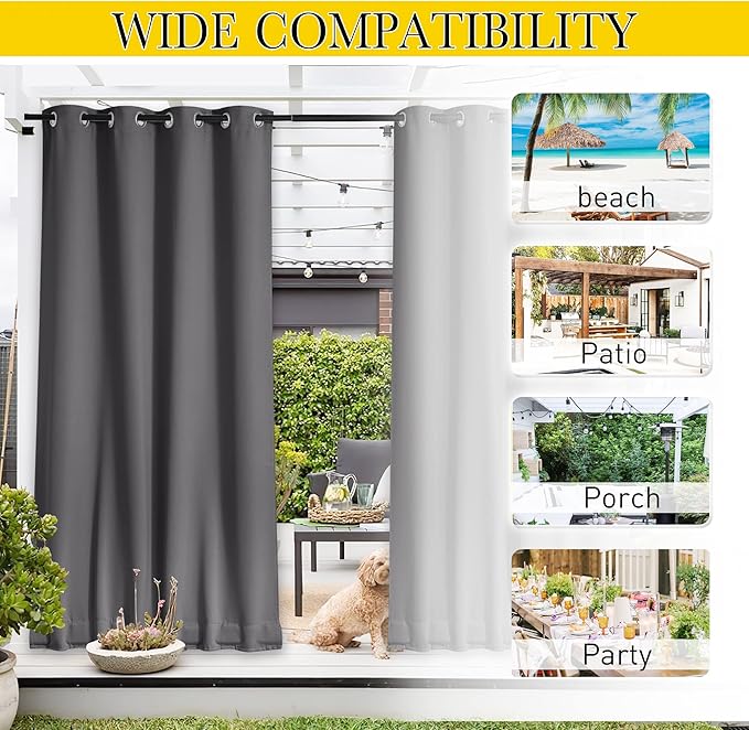 NICETOWN 2 Panels Outdoor Curtains Waterproof Extra Long 108" for Patio, Windproof Top & Bottom Grommet & Back Tab Weighted Blackout Outdoor Drapes Keep Privacy with Rope for Fixed, 104" Wide, Grey