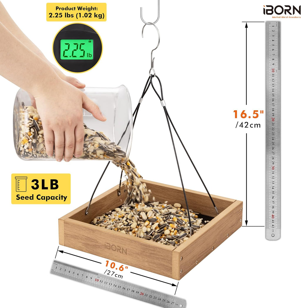 iBorn Platform Bird Feeder Tray Bird Feeders for Outdoors Hanging for Outside Flat Birdfeeder Tray with Large Capacity 3LBS, WPC Recycled Plastic & Cedar Look, Waterproof, 10.6"x10.6", Raw