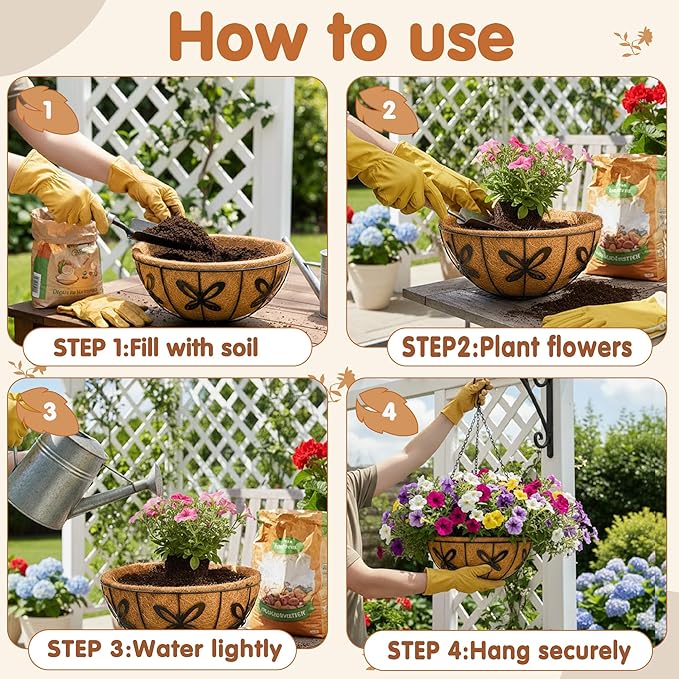 Metal 10 inch Round Planter, 4 Pack Hanging Wire Basket with Coco Fiber Liners for Outdoor Plants, Garden, Patio, Deck, Porch