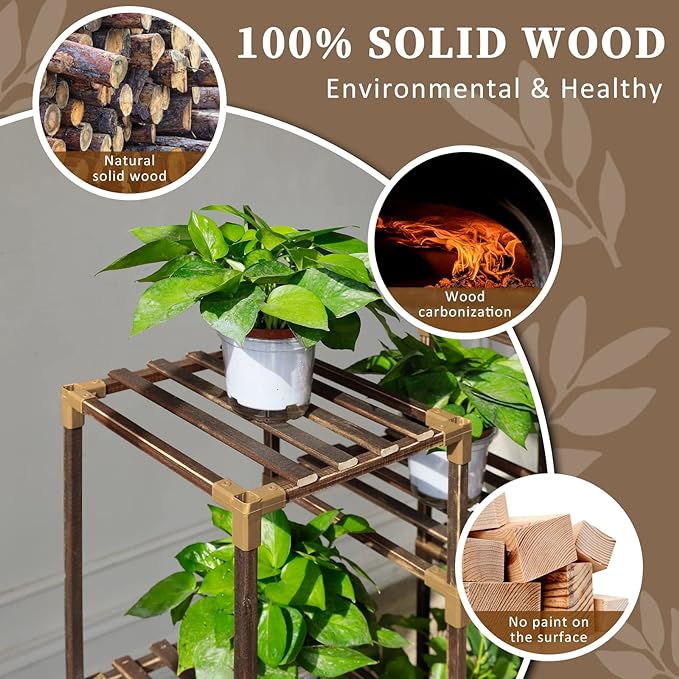 Uneedem Plant Stand Indoor Outdoor, Tall Plant Shelf for Multiple Plants, 10 tiers 11 Pot Large Plants Holder Rack Wood Plant Shelves for Room Corner Balcony Garden Patio