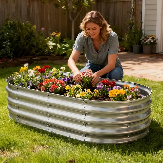 TATAANTY Galvanized Raised Garden Bed Kit, Rust-Resistant Planter Garden Boxes Outdoor, Oval Large Metal Raised Garden Beds for Vegetables Easy to Set Up - 4x2x1ft (2 Pack)