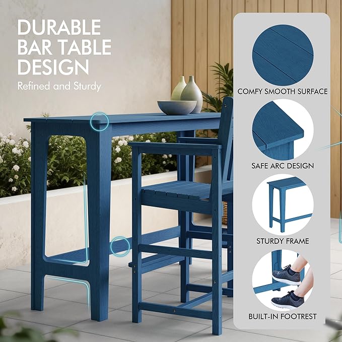 Ciokea 3 Pcs Outdoor Bar Height Table Set, 60" Extra Long Rectangle High Top Table and 2 Oversized Adirondack Chairs, Heavy-Duty All-Weather HDPE Patio Bar Set for Backyard Balcony Deck, Navy Blue