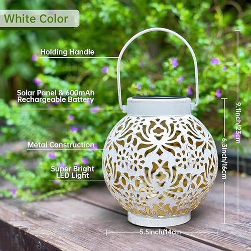 2 Pack Outdoor Solar Hanging Lantern Lights Metal LED Decorative Lamp for Garden Patio Courtyard Lawn and Table with Hollowed-Out Design (White)