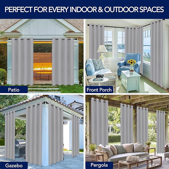 PureFit Outdoor Curtains for Patio Waterproof Weatherproof, UV Resistant Outside Curtains for Gazebo, Front Porch, Pergola, Sun Blocking Privacy Curtain, 52W x 108L inch, 1 Panel, Light Gray
