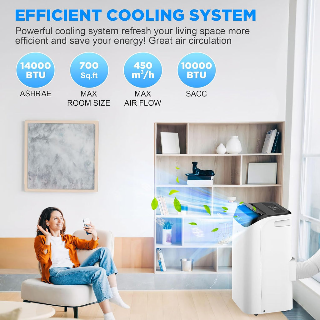 14000 btu portable air conditioners with remote control shown in use