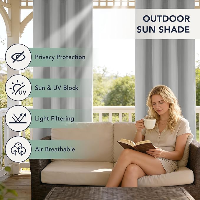 Outdoor Curtains for Patio Waterproof - 6 Panels Privacy Weatherproof Outside Curtains with Grommets for Pergola, Gazebo, Porch, Cabana, Balcony, 54 x 108 Inch, Silver