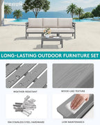 SERWALL HDPE Patio Furniture Set, 2 Pieces Outdoor Sectional Sofa Set, All-Weather Wood-Like Outdoor Sofa Couch with Coffee Table for Deck, Lawn, Grey Frame with Khaki Cushion