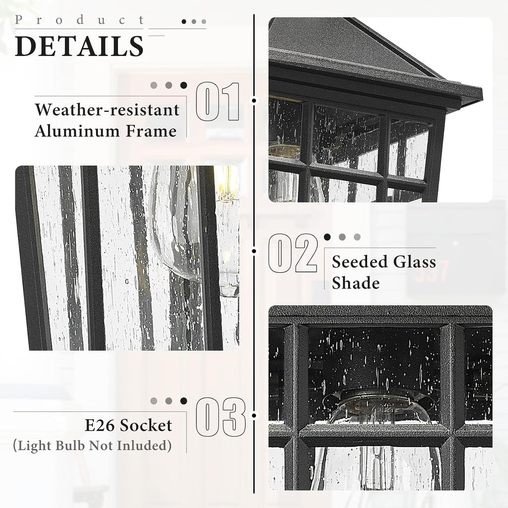 Darkaway Outdoor Wall Lights for House, Exterior Lighting Fixtures Wall Mount Outdoor Porch Lights Waterproof Black Outdoor Sconce Lights with Seeded Glass for Patio Hallway Garage,2 Pack