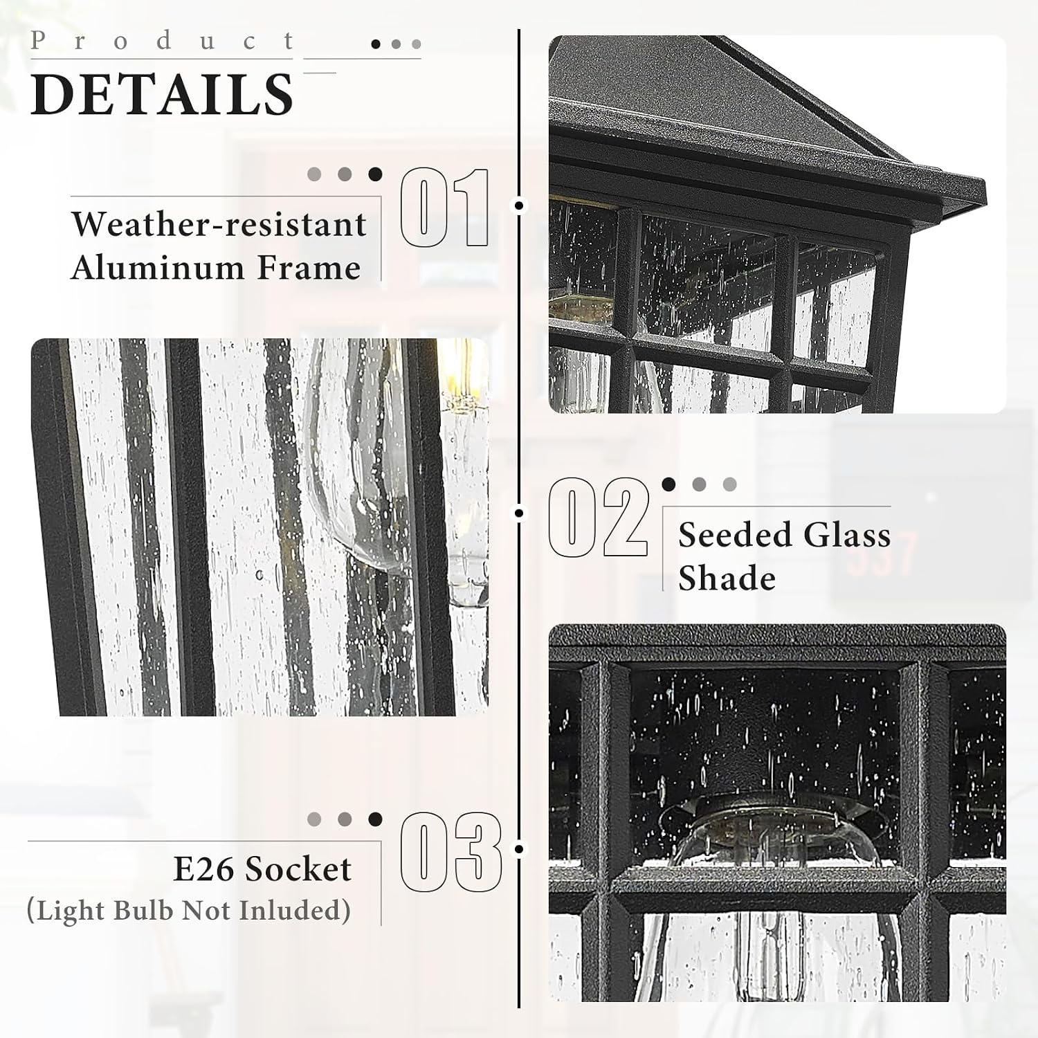 Darkaway Outdoor Wall Lights for House, Exterior Lighting Fixtures Wall Mount Outdoor Porch Lights Waterproof Black Outdoor Sconce Lights with Seeded Glass for Patio Hallway Garage,2 Pack