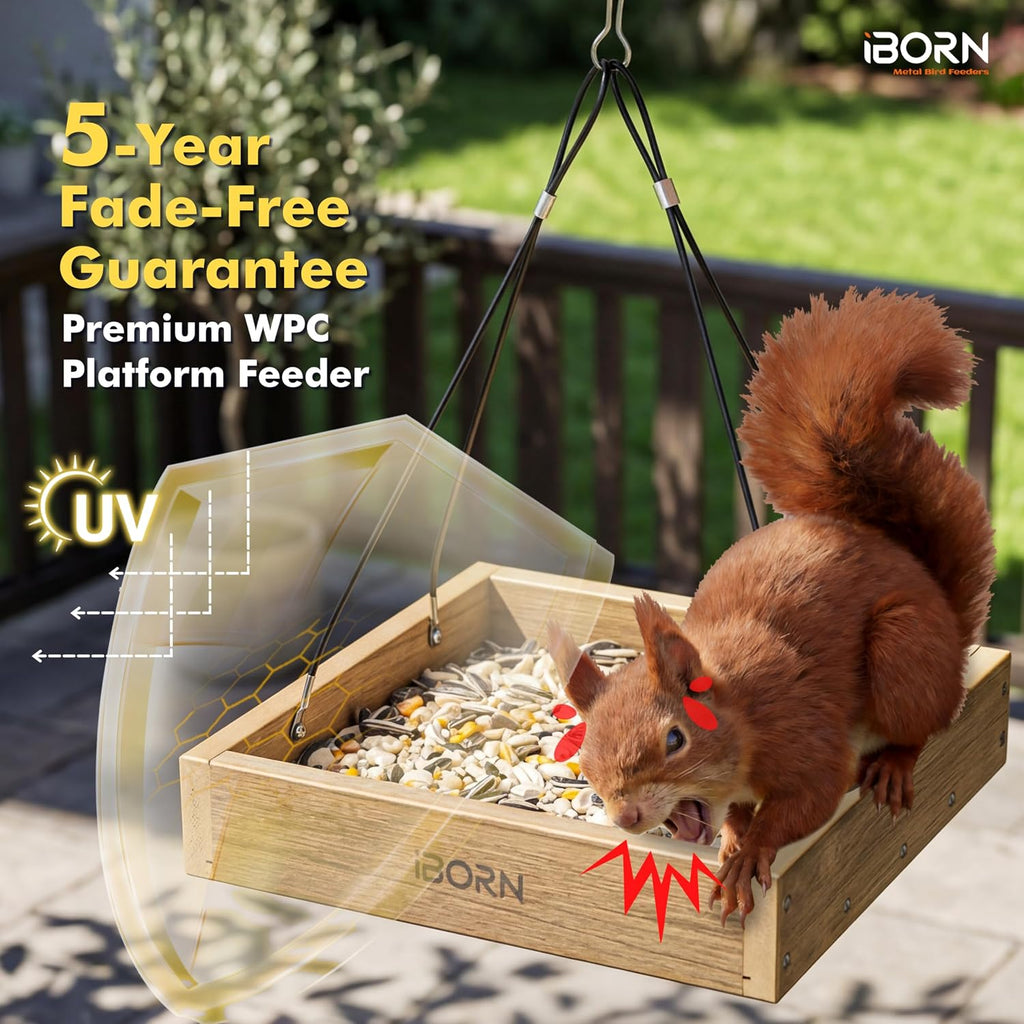 iBorn Platform Bird Feeder Tray Bird Feeders for Outdoors Hanging for Outside Flat Birdfeeder Tray with Large Capacity 3LBS, WPC Recycled Plastic & Cedar Look, Waterproof, 10.6"x10.6", Raw