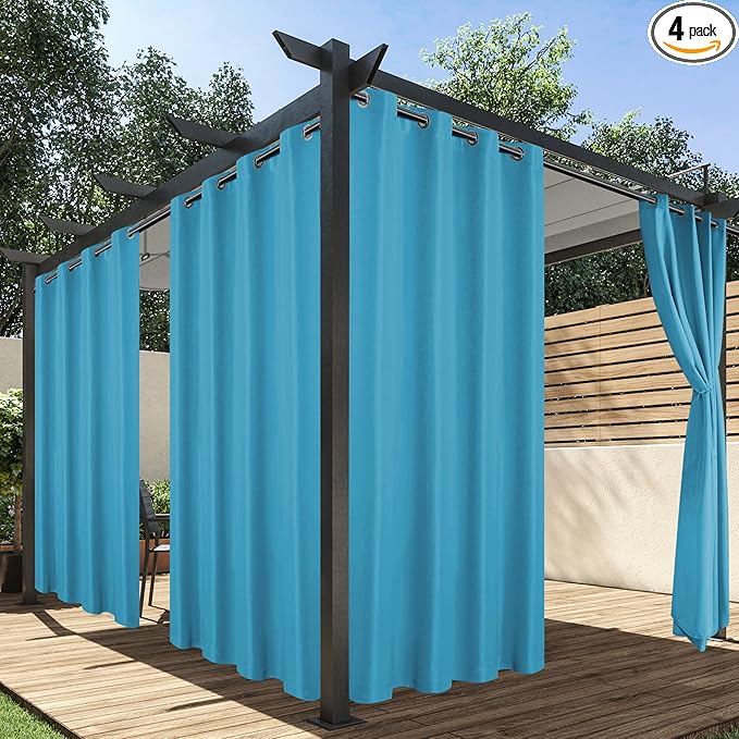 HolidayIdeas Outdoor Curtains for Patio Waterproof, 4 Panels - 54 x 120 Inch - Privacy Protection & Light Filtering Curtains Teal Grommet Outside Curtains for Porch, Gazebo, Pergola, Backyard