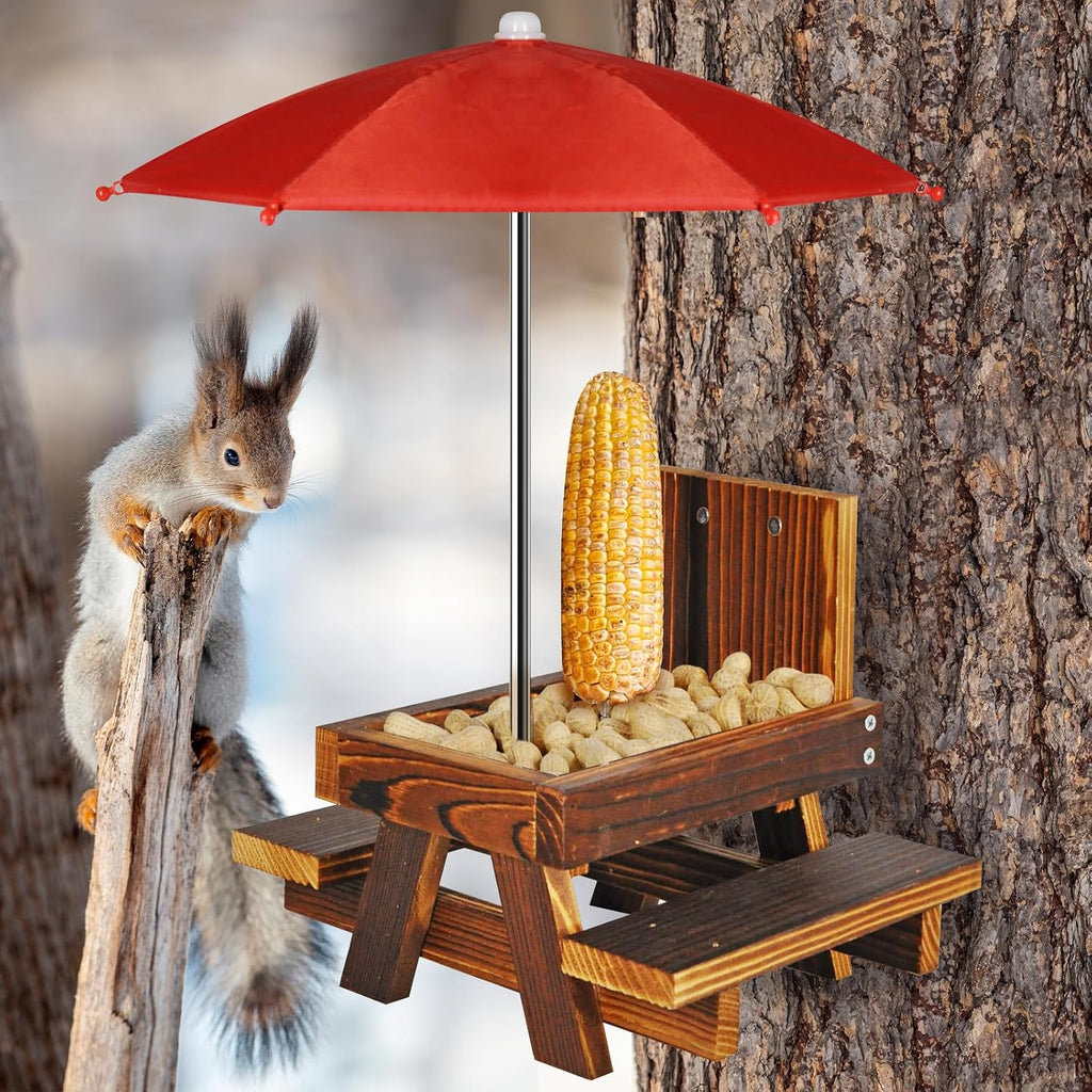 Squirrel Feeder with Umbrella Squirrel Table Feeder with Sturdy Squirrel Feeder with Corn Cob and Peanut Tray Holder Sturdy with Solid Structure Easy to Install