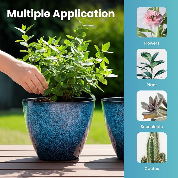 8 inch Plant Pots, Pack of 4 Plastic Planter for Indoor Outdoor Plant with Drainage Holes and Saucers, Flower Pots for Garden Home Decor (Blue, 4pcs)