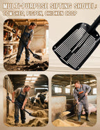 heavy duty sifting shovel with adjustable handle (26"-48") showing dimensions