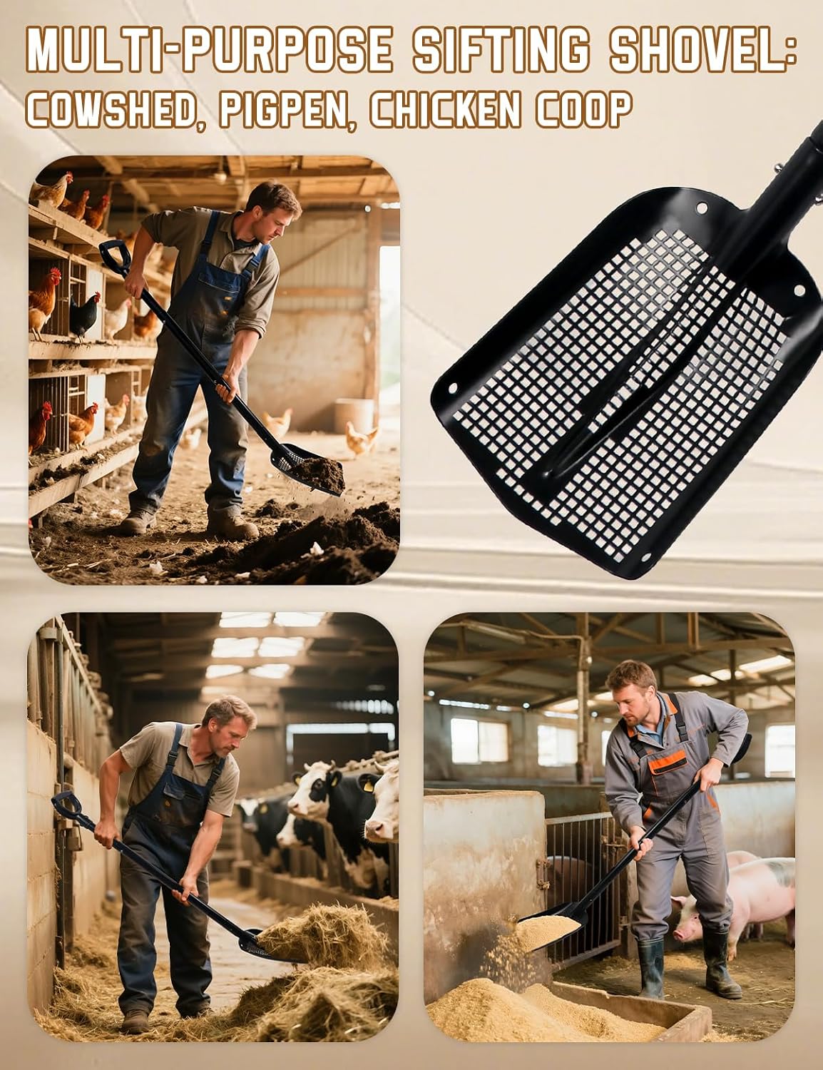 heavy duty sifting shovel with adjustable handle (26"-48") showing dimensions