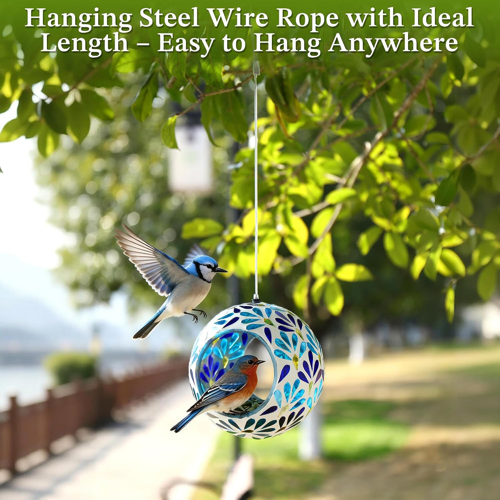 VOREEN Mosaic Glass Bird Feeder, Handcrafted Hanging Fly-Through Feeder for Outdoor Garden & Backyard, Decorative Wild Bird Feeder with Steel Wire Cable – Cool Blue Leaf Mosaic Style