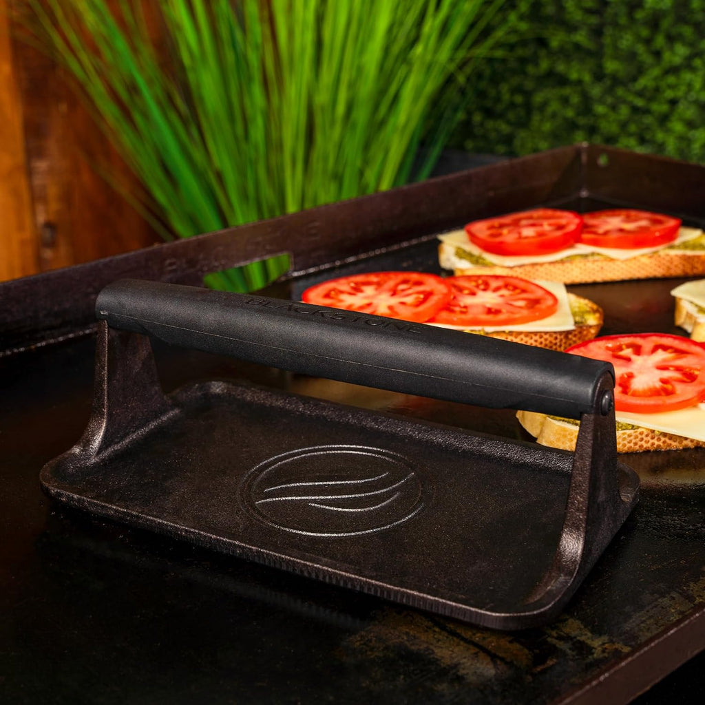 Blackstone 5553 Pre-Seasoned Cast Iron Griddle Press, 10" x 5.5", Black | Medium Heavy Duty, Heat Resistant Rubber Handle, Rectangle, For Meat, Burger, Bacon, Steak, Panini, Sandwich, Sausage