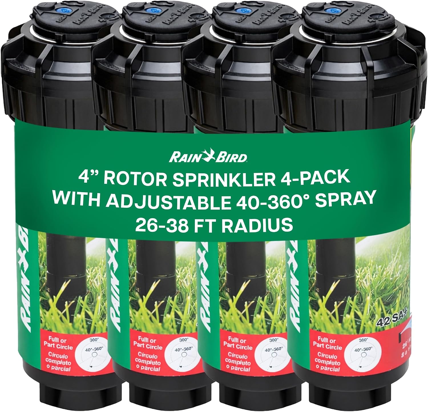 Rain Bird 42SA+ Heavy Duty Simple Adjust Gear Driven Rotor Sprinkler Head, 4 Pack - Water Efficient 4 inch Pop Up Lawn Sprinkler with 3/4 inch NPT, Adjustable 40-360 Degree Arc & 26-38 ft Radius | Heavy Duty 3/4 inch Inlet - Water Efficient 4 inch Pop Up