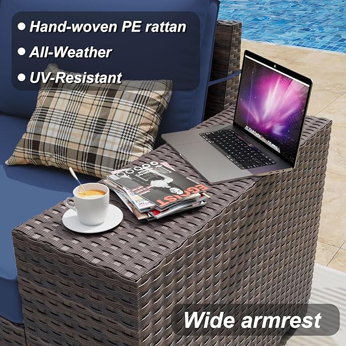ALAULM 13 Pieces Patio Furniture Set with Propane Fire Pit Table Wicker Outdoor Sectional Sofa Sets Patio Furniture 43" Gas Fire Pit Brown PE Rattan Patio Conversation Set w/10 Cushions (Dark Blue)