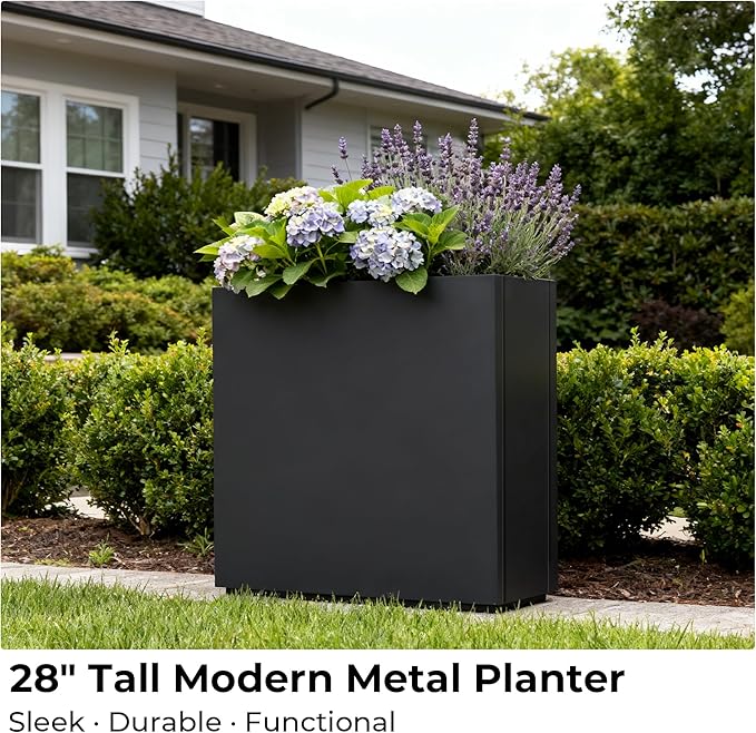 Worth 28" Galvanized Steel Planter Box, Outdoor Rectangular Tall Metal Planter with Insert Shelf & Drainage Holes, Matte Black Standing Plants Box for Patio, Garden, Balcony
