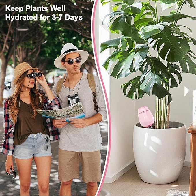 4 Pcs Plant Watering Globes Self Watering Planter Insert Plants Top Fill Water Device Plastic Water Bulbs Slow Release Terracotta for Plants, Pink