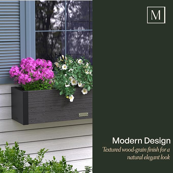 Mayne Horizon 4FT Window Box Planter – Modern Rectangular Faux Wood Grain Design for Windows, Durable All-Season Outdoor Flower Box with Drainage, Easy Installation