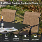VICLLAX Patio Dining Set for 6, Outdoor Furniture Set Includes 47.2" Round Patio Table and 6 Patio Sling Chairs, Black Tabletop and Brown Fabric