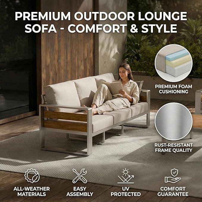 ZANDOR Aluminum Outdoor Patio Furniture - 2 Pcs Armchairs and Coffee Table, All-Weather Metal Modern Outside Furniture with Washable Thick Cushion for Garden/Backyard/Porch, Silver