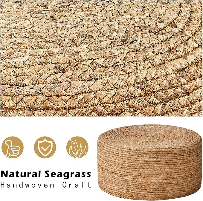 Cpintltr Foot Stool Natural Seagrass Hand Weave Poufs Round Ottoman for Couch Desk Soft Step Stool Padded Foot Rest with Non-Skid Pine Legs for Hallway Office Lounge Natural
